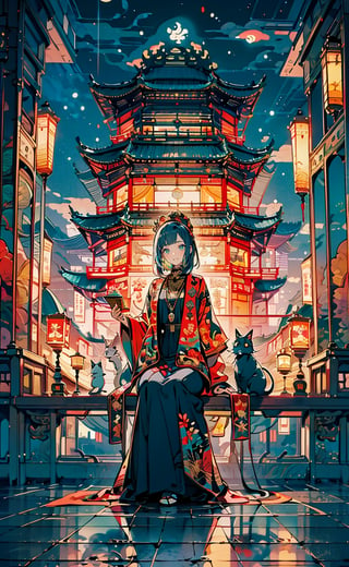 Ghibli anime style, "Spirited Away" style. A girl in a dark night market, with illuminated by warm lights. The whole atmosphere seems mysterious. (Cinematic lighting, ethereal light, intricate details, extremely detailed, incredible details, full colored), complex details, hyper maximalist, gorgeous light and shadow, detailed decoration, detailed lines. masterpiece, best quality, HDR, UHD, unreal engine. looking at the camera, fair skin, beautiful face, guochao