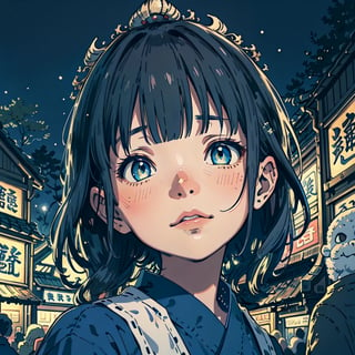 Ghibli anime style, "Spirited Away" style. A girl in a dark night market, with illuminated by warm lights. The whole atmosphere seems mysterious. (Cinematic lighting, ethereal light, intricate details, extremely detailed, incredible details, full colored), complex details, hyper maximalist, gorgeous light and shadow, detailed decoration, detailed lines. masterpiece, best quality, HDR, UHD, unreal engine. looking at the camera, fair skin, beautiful face, (beautiful eyes:1.5), perfect eyes, detailed eyes, beautiful nose, dim tones, Japanese art,A Traditional Japanese Art,Studio Ghibli,StdGBRedmAF