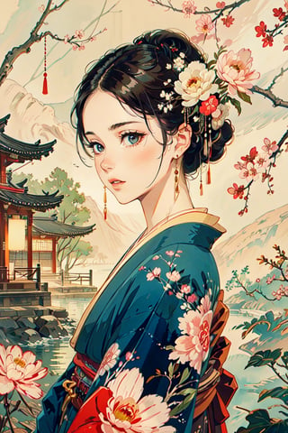 A girl, wearing kimono, Japanese traditional garden, a sakura tree, flowers, day, (Cinematic lighting, ethereal light, intricate details, extremely detailed, incredible details, full colored), complex details, hyper maximalist, gorgeous light and shadow, detailed decoration, detailed lines. masterpiece, best quality, HDR, UHD, unreal engine. looking at the camera, fair skin, beautiful face,A Traditional Japanese Art,