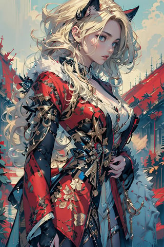 A cool girl with long blonde hair, wearing a fancy ornate (red and white) dress that combines a kimono and a fur cape, miniskirt, (scenery). intricate details, extremely detailed, incredible details, full colored, complex details, hyper maximalist, detailed decoration, detailed lines. masterpiece, best quality, HDR, UHD,LAassunity,SharpEyess