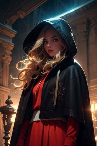 A girl with long blonde hair, fur hooded cape, red hooded cape, miniskirt, night streets. (Cinematic lighting, ethereal light, intricate details, extremely detailed, incredible details, full colored), complex details, hyper maximalist, masterpiece, best quality, HDR, UHD, unreal engine. head to thigh,