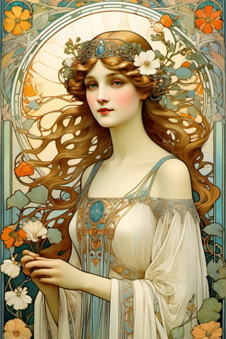 || The Art Nouveau poster with art deco frame, an oil painting, (featuring a girl, in the garden, depicted as a radiant maiden adorned in a diaphanous white gown woven from delicate petals and leaves, with blossoms entwined in her flowing hair. Around her, the air is filled with the sweet scent of blossoms and the melodious songs of birds, evoking a sense of enchantment and tranquility in her presence, soft glow of sunlight, 1girl, solo, full body) || best quality, stunning illustration, mysterious and detailed image, (in the style of Alfons Maria Mucha), (Art Nouveau), ultra highly detailed, mystical, luminism, flowers, complex background, (tarot card:1.4), (masterpiece, top quality, best quality, official art, beautiful and aesthetic:1.2), (fractal art:1.3), (colorful:1.5), highest detailed, (aristocracy:1.2), (Art Nouveau style), le style Mucha, modern poster arts,more detail XL, 
