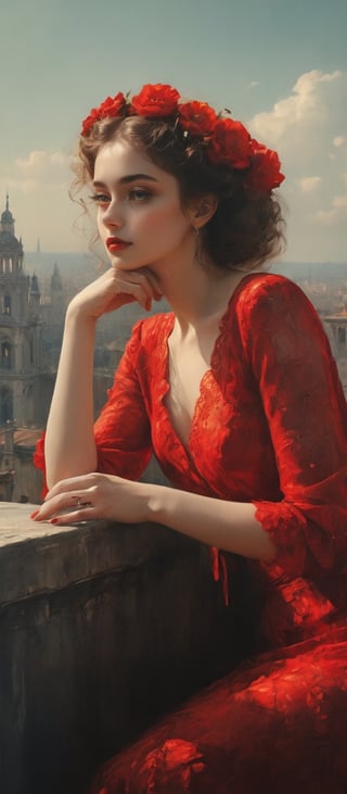 (Spanish rooftop bar:1.4), 40s style graphics, (a gorgeous, sexy, provocative, wise, smart Spanish girl), resting chin on hand, fashionable red floral dress, 40s style graphics, intricate details, by (Anna Dittmann). (Cinematic lighting, ethereal light, intricate details, extremely detailed, incredible details, full colored), complex details, hyper maximalist, gorgeous light and shadow, detailed decoration, detailed lines. masterpiece, best quality, HDR, UHD, unreal engine. looking at the camera, fair skin, beautiful face, beautiful eyes, perfect eyes, detailed eyes, beautiful nose, super wide angle, high angle, high color contrast, (colorful:1.5), far away shot, head rest,more saturation 