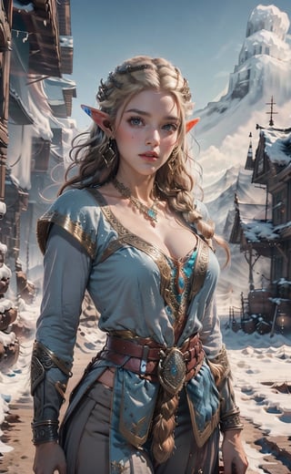 A dashing Viking female warrior, adorned in rugged yet stylish attire, with a confident smirk and fierce gaze that command respect, medieval fantasy. Swashbuckling, brave, wise and beautiful, jewelry, standing, collarbone, white shirt, weapon, earrings, belt, pants, necklace, blurry, lips, gun, blurry background, hoop earrings, realistic, brown belt. Viking Elf, (masterpiece:1.2), best quality, scenery, outdoors, cloud, sky, water, mountain,