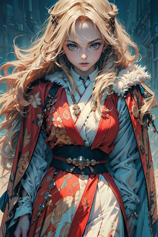 A cool girl with long blonde hair, wearing a fancy ornate (red and white) dress that combines a kimono and a fur cape, miniskirt, intricate details, extremely detailed, incredible details, full colored, complex details, hyper maximalist, detailed decoration, detailed lines. masterpiece, best quality, HDR, UHD,SharpEyess,CLIP SKIP: 2