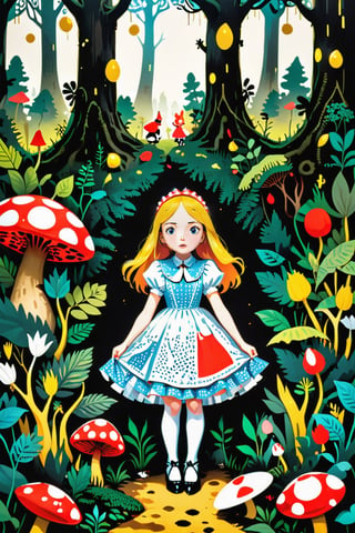 Alice in Wonderland, in the forest, in the style of Kusama Yayoi,