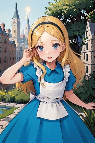 (1 girl:1.2), blue dress, white apron, black hairband, garden tea party, pastel colors, light particles, lighting, (highly detailed:1.2),(detailed face:1.2), (gradients), (detailed landscape, vegetation, bricks, carpet, buildings:1.2), (detailed background), detailed landscape, (dynamic pose:1.2), (rule of third_composition:1.3), (Line of action:1.2), daylight,AliceWonderlandWaifu,