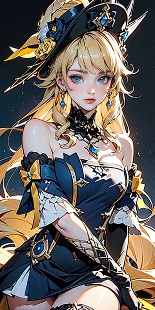 vibrant colors, female, masterpiece, sharp focus, best quality, depth of field, cinematic lighting, (illustration, 8k CG, extremely detailed), masterpiece, ultra-detailed,solo,  (1girl, curvy, blonde hair, blue eyes, long hair:1.4), (yellow bow, black headwear, black dress, detached sleeves, jewelry:1.3), upper body, color contrast, navia (genshin impact), outdoor, blue sky, black headwear hat flower hat feather black thighhighs black gloves boots