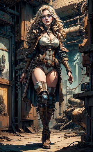1girl, steampunk style, flowing blonde hair, boots,  detailed steampunk background, (masterpiece, top quality, best quality, official art, beautiful and aesthetic:1.2), extreme detailed, cinematic Lighting, ethereal light, intricate details, extremely detailed, incredible details, full colored, complex details, hyper maximalist, gorgeous light and shadow, detailed decoration, detailed lines. masterpiece, best quality, HDR, UHD, fair skin, beautiful face,davincitech,scifi,by leonardo da vinci,