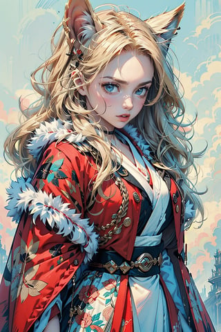 A cool girl with long blonde hair, wearing a fancy ornate (red and white) dress that combines a kimono and a fur cape, miniskirt, intricate details, extremely detailed, incredible details, full colored, complex details, hyper maximalist, detailed decoration, detailed lines. masterpiece, best quality, HDR, UHD,SharpEyess,CLIP SKIP: 2