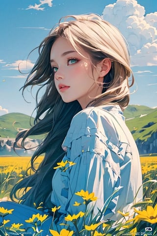A mesmerizing girl sitting on a rock and a field full of flowers. (Masterpiece, top quality, best quality, official art, beautiful and aesthetic:1.2), (1girl:1.4), portrait, extreme detailed, highest detailed, photorealistic, ,pastel
