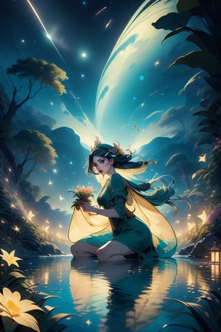 1 girl, kneeling with a slight tilt of her body, as if paying homage to the connection between the earth and the universe. Beside her lies a clear pool of water, still as a mirror, reflecting the surrounding landscape and starry sky. The woman holds two pitchers in her hands, pouring out clear water. Surrounding the girl is lush vegetation, including various plants and flowers. In the sky above, stars shine brightly, 1 girl, solo, Alfons Maria Mucha style.,portrait,renaissance,masterpiece,edgRenaissance,wearing edgRenaissance,firefliesfireflies,Rococo style,illustration