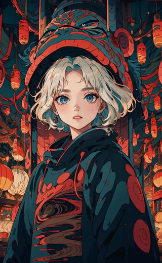 Ghibli anime style, "Spirited Away" style. A girl in a dark night market, with illuminated by warm lights. The whole atmosphere seems mysterious. (Cinematic lighting, ethereal light, intricate details, extremely detailed, incredible details, full colored), complex details, hyper maximalist, gorgeous light and shadow, detailed decoration, detailed lines. masterpiece, best quality, HDR, UHD, unreal engine. looking at the camera, fair skin, beautiful face, (beautiful eyes:1.5), perfect eyes, detailed eyes, beautiful nose, dim tones,studio ghibli style,guochao,