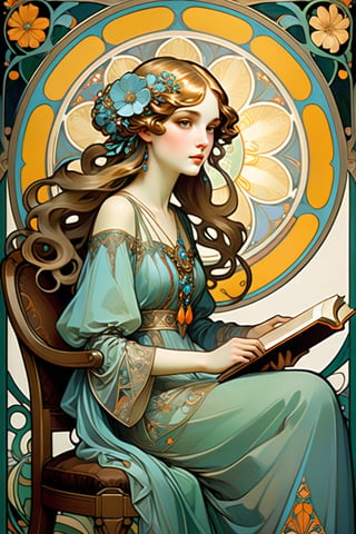 || The Art Nouveau poster with art deco frame, an oil painting, (featuring an elegant woman sitting on a chair, her hair flowing, holding a book in her hands, with eyes sparkling with wisdom and inspiration, 1 beautiful detailed girl, solo) || best quality, stunning illustration, mysterious and detailed image, (in the style of Alfons Maria Mucha), (Art Nouveau), ultra highly detailed, mystical, luminism, flowers, complex background, (masterpiece, top quality, best quality, official art, beautiful and aesthetic:1.2), (fractal art:1.3), (colorful:1.5), highest detailed, (aristocracy:1.5), (Art Nouveau style), le style Mucha, modern poster arts,Leonardo Style,fflixmj6,score_9_up,action shot,Anime ,aesthetic,more detail XL