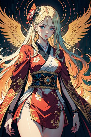 A girl with long blonde hair, with detailed ornate red and white kimono with cape, miniskirt, fantasypunk. (Cinematic lighting, ethereal light, intricate details, extremely detailed, incredible details, full colored), complex details, hyper maximalist, gorgeous light and shadow, detailed decoration, detailed lines. masterpiece, best quality, HDR, UHD, unreal engine. looking at the camera, fair skin, beautiful face, (beautiful eyes:1.5), perfect eyes, detailed eyes, beautiful nose,rayen dress, head to thigh,