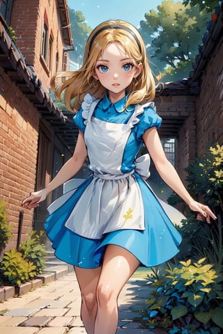 (1 girl:1.2), blue dress, white apron, black hairband, pastel colors, light particles, lighting, (highly detailed:1.2),(detailed face:1.2), (gradients), (detailed landscape, vegetation, bricks, carpet:1.2), (detailed background), detailed landscape, (dynamic pose:1.2), (rule of third_composition:1.3), (Line of action:1.2), daylight,AliceWonderlandWaifu,portrait,Nice legs and hot body