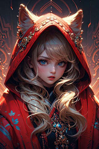 A girl with long blonde hair, with detailed ornate fur hooded kimono, red hooded kimono, miniskirt, fantasypunk. (Cinematic lighting, ethereal light, intricate details, extremely detailed, incredible details, full colored), complex details, hyper maximalist, gorgeous light and shadow, detailed decoration, detailed lines. masterpiece, best quality, HDR, UHD, unreal engine. looking at the camera, fair skin, beautiful face, (beautiful eyes:1.5), perfect eyes, detailed eyes, beautiful nose,