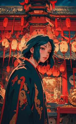 Ghibli anime style, "Spirited Away" style. A girl in a dark night market, with illuminated by warm lights. The whole atmosphere seems mysterious. (Cinematic lighting, ethereal light, intricate details, extremely detailed, incredible details, full colored), complex details, hyper maximalist, gorgeous light and shadow, detailed decoration, detailed lines. masterpiece, best quality, HDR, UHD, unreal engine. looking at the camera, fair skin, beautiful face, (beautiful eyes:1.5), perfect eyes, detailed eyes, beautiful nose, dim tones,studio ghibli style,guochao,Hayao Miyazaki style