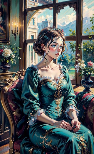A girl engaged in a leisurely activity. She seated in an opulent interior with plush red drapery and a glimpse of a pastoral landscape through a window. She wore a magnificent aqua blue tulle dress. mute colors, Rococo-style oil painting,masterpiece,More Detail