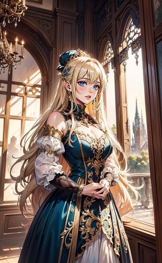 A girl with long blonde hair, wearing a fancy ornate dress. fantastical and ethereal scenery, daytime, Tudor mansion, Intricate details, extremely detailed, incredible details, full colored, complex details, hyper maximalist, detailed decoration, detailed lines. masterpiece, best quality, HDR,watercolor