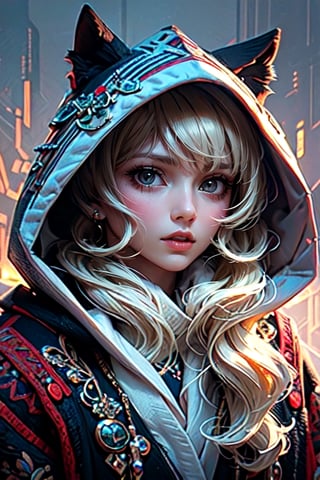 A girl with long blonde hair, with detailed ornate fur hooded kimono, red hooded kimono, miniskirt, fantasypunk. (Cinematic lighting, ethereal light, intricate details, extremely detailed, incredible details, full colored), complex details, hyper maximalist, gorgeous light and shadow, detailed decoration, detailed lines. masterpiece, best quality, HDR, UHD, unreal engine. looking at the camera, fair skin, beautiful face, (beautiful eyes:1.5), perfect eyes, detailed eyes, beautiful nose,rayen dress