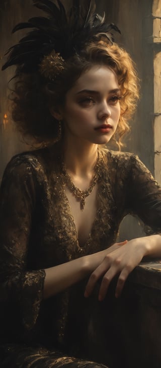 (Spanish rooftop bar:1.4), 40s style graphics, (a gorgeous, sexy, provocative, wise, smart Spanish girl), resting chin on hand, fashionable black and gold dress, wearing a feather boa around the neck, 40s style graphics, intricate details, by (Anna Dittmann). (Cinematic lighting, ethereal light, intricate details, extremely detailed, incredible details, full colored), complex details, hyper maximalist, gorgeous light and shadow, detailed decoration, detailed lines. masterpiece, best quality, HDR, UHD, unreal engine. looking at the camera, fair skin, beautiful face, beautiful eyes, perfect eyes, detailed eyes, beautiful nose, super wide angle, high angle, high color contrast, (colorful:1.5), far away shot, head rest,more saturation 