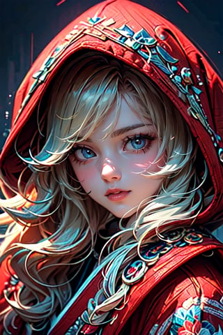 A girl with long blonde hair, with detailed ornate fur hooded kimono, red hooded kimono, miniskirt, fantasypunk. (Cinematic lighting, ethereal light, intricate details, extremely detailed, incredible details, full colored), complex details, hyper maximalist, gorgeous light and shadow, detailed decoration, detailed lines. masterpiece, best quality, HDR, UHD, unreal engine. looking at the camera, fair skin, beautiful face, (beautiful eyes:1.5), perfect eyes, detailed eyes, beautiful nose,rayen dress, head to thigh