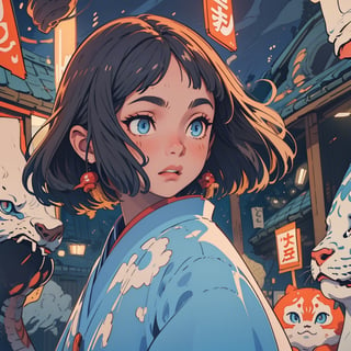 Ghibli anime style, "Spirited Away" style. A girl in a dark night market, with illuminated by warm lights. The whole atmosphere seems mysterious. (Cinematic lighting, ethereal light, intricate details, extremely detailed, incredible details, full colored), complex details, hyper maximalist, gorgeous light and shadow, detailed decoration, detailed lines. masterpiece, best quality, HDR, UHD, unreal engine. looking at the camera, fair skin, beautiful face, (beautiful eyes:1.5), perfect eyes, detailed eyes, beautiful nose, dim tones, Japanese art,A Traditional Japanese Art