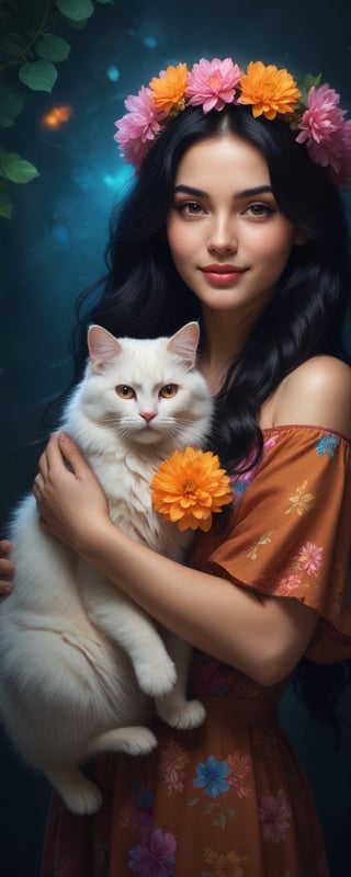(masterpiece, best quality, ultra-detailed, 8K),high detail, realisitc detailed,
a beautiful young woman with long flowy black hair over shoulders in the dark, glowing colorful outfits, cuddling a cat, wreath, brown eyes, pale soft skin, kind smile, glossy lips, details of colorful flowers,
a serene and contemplative mood,well lit  background consists of glowing clover leaves,colorful