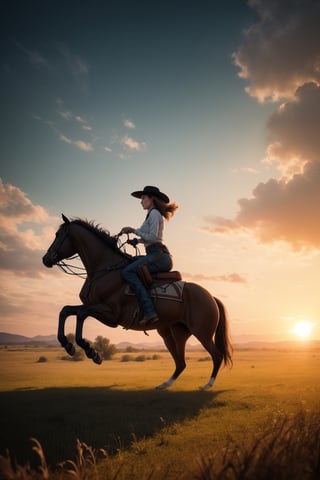 A visual stunning photo of a female cowboy riding a horse on hind legs on the prairie, centered, key visual, intricate, highly detailed, breathtaking beauty, precise lineart, vibrant, comprehensive cinematic, best best quality, ultra sharp focus, volumetric atmosphere, sunset, borderlands