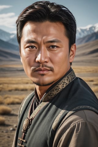 ((masterpiece, best quality)), absurdres, (Photorealistic 1.2), sharp focus, highly detailed, top quality, Ultra-High Resolution, HDR, 8K, epiC35mm, film grain, moody photography, (color saturation:-0.4), lifestyle photography,

(((Headshot portrait))), handsome middle-aged Mongolian man (((42 years old))), black_eyes, LotR style,photorealistic, ,r4l1bps woman,Siqiniq