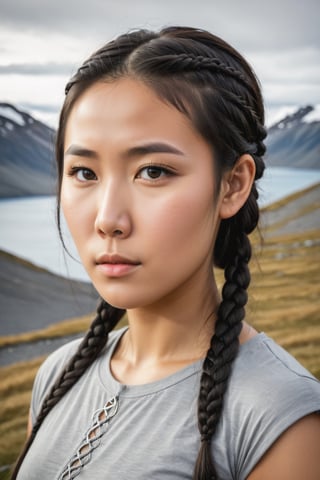 ((masterpiece, best quality)), absurdres, (Photorealistic 1.2), sharp focus, highly detailed, top quality, Ultra-High Resolution, HDR, 8K, epiC35mm, film grain, moody photography, (color saturation:-0.4), lifestyle photography,

(((Headshot portrait))), Beautiful Inuit young woman, (((26 years old))),  short black_hair braided on the side, black_eyes, t-shirt, LotR style, ,photorealistic, (Siqiniq:0.6),SaggySlimXL, yhang,Sidebraids