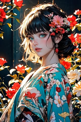 anime delicate detailed concept art, masterpiece, ultra realistic illustration, ultra hires, ultra highres, BREAK woman, sparkling beautiful eyes, blue eyes, silver hair, flat bangs, flower dress, colorful, vibrant colors, darl background, green theme, beautiful colorful flowers backgrounds, exposure blend, medium shot, bokeh, (hdr:1.4), high contrast, (cinematic, teal and orange:0.85), (muted colors, dim colors, soothing tones:1.3), low angle saturation,from below, looking away, Shinkai makoto, //Lighting atmospheric lighting, volumetric lighting, light_particles, soft light, soft shadow, fine detailed, volumetric top lighting,hanfuandflower,yu fuhua,Oiran