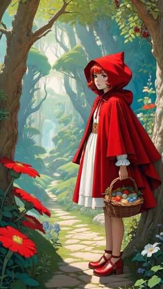(1 girl:1.2), 'Little Red Riding Hood', Grimm's fairy tale and the Renaissance by James C Christensen,, maximalism luxury and vibrant, daytime, outdoor, landscape, pastel colors, smooth and beautiful lines, ultra-realistic, fine textures and rich details, colorful,
