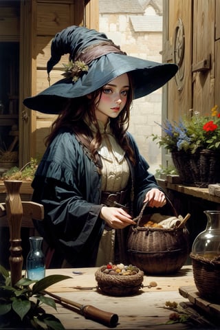 1girl, a medieval witch, makng a magic potion, various potion-making tools, dried herbs and plants, woven baskets, spring color palette, medieval traditional attire, magic potions, by Vermeer. masterpiece,More Detail, vivid colors, (masterpiece, top quality, best quality, official art, beautiful and aesthetic:1.2), extreme detailed, highest detailed, 