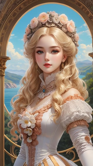 A girl in the Victorian era, outdoor, (masterpiece, top quality, best quality, official art, beautiful and aesthetic:1.2), (1girl:1.4), blonde hair, portrait, extreme detailed, highest detailed, colorful,More Reasonable Details