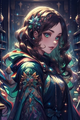 (1girl:1.4), in magic potion shop, (masterpiece, top quality, best quality, official art, beautiful and aesthetic:1.2), upper body, brown hair, extreme detailed, highest detailed, dynamic pose, head to thigh, (beautiful witch with wavy hair), dark green cloak, cape, (medieval fantasy), herbs, crystals, potions, (close up shot, face focused),DonMF41ryW1ng5 ,DonMM4g1c,glitter