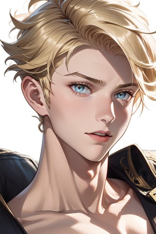 1 cool, handsome man with sharp eyes, ((blank background)), head and shoulders portrait, short hair, blonde hair, shining golden eyes, warrior, large forehead,2b,1guy,1girl,vane /(granblue fantasy/),centralasia, ,cute blond boy,More Detail