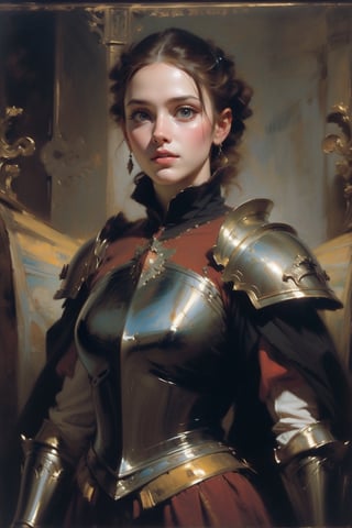 1 girl, female warrior, armor, Renaissance beauty, by Raphael and Sir Thomas Lawrence, white background, masterpiece, edgRenaissance,renaissance,oil painting