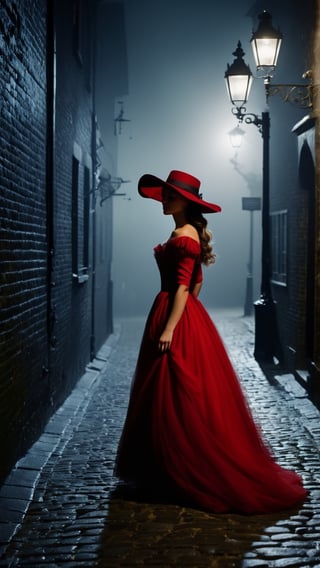 black and white photo, in a dimly lit cobblestone alley of 18th century London at night, lots of fog, lit by street lamps, a girl walks down the street in red evening dress blown by the wind, a red hat, mysterious atmosphere, (masterpiece, top quality, best quality, official art, beautiful and aesthetic:1.2), (1girl:1.4), portrait, extreme detailed, highest detailed, simple background, 16k, high resolution, perfect dynamic composition, bokeh, (sharp focus:1.2), super wide angle, high angle, high color contrast, medium shot, depth of field, blurry background, low light, mysterious scene, sleepy hollow style, moody colors, ,Movie Still,oil paint 