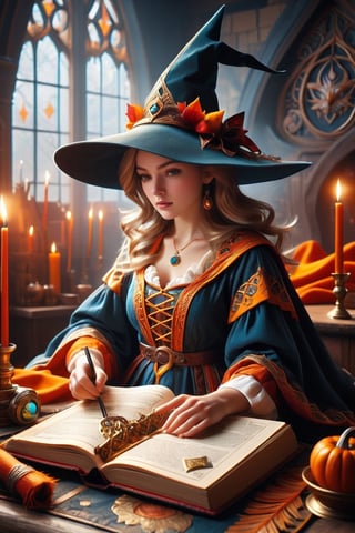 (masterpiece, top quality, best quality, official art, beautiful and aesthetic:1.2), A witch engrossed in the study of magic, a magic array glowing on the pages of a spellbook, (dimly lit workshop:1.2), witch robe, witch hat, portrait, extreme detailed, highest detailed, simple background, 16k, high resolution, perfect dynamic composition, (sharp focus:1.2), super wide angle, high angle, high color contrast, medium shot, depth of field, blurry background,zavy-lndskncht