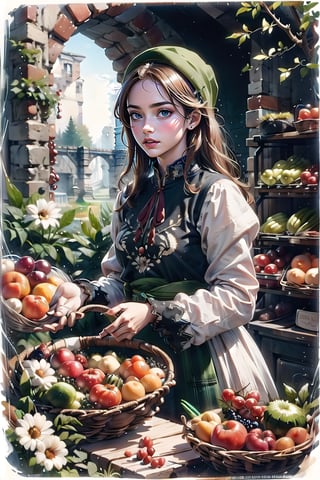 A medieval girl in traditional dress, vegetables and fruits, at a farmer's market, mysterious medieval, masterpiece,High detailed,CrclWc,polish dress