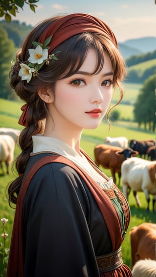 A shepherdess, exuding elegance amidst pastoral beauty. (masterpiece, top quality, best quality, official art, beautiful and aesthetic:1.2), (1girl:1.4), portrait, extreme detailed, highest detailed, simple background, 16k, high resolution, perfect dynamic composition, bokeh, (sharp focus:1.2), super wide angle, high angle, high color contrast, medium shot, depth of field, blurry background, by Gustav Klimt and Mucha and Caravaggio