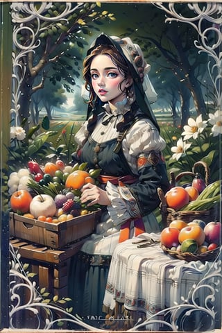 A medieval girl in traditional dress, vegetables and fruits, at a farmer's market, mysterious medieval, masterpiece,oil painting,classic painting,High detailed,CrclWc,victorian dress,slavic dress