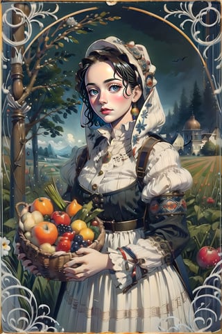 A medieval girl in traditional dress, vegetables and fruits, at a farmer's market, mysterious medieval, masterpiece,oil painting,classic painting,High detailed,CrclWc,victorian dress,slavic dress