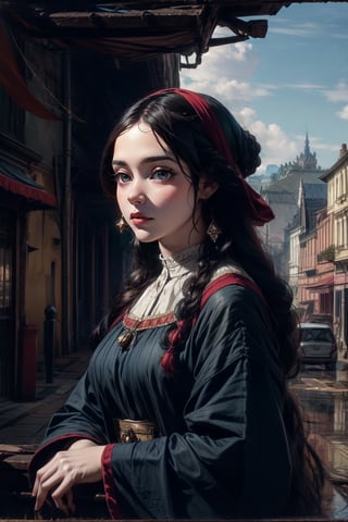 A girl in traditional dress, town square, mysterious medieval, masterpiece,oil painting,Color Booster