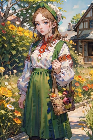 A medieval girl in traditional dress, vegetables and fruits, at a farmer's market, mysterious medieval, masterpiece,High detailed,watercolor,ukrainian dress