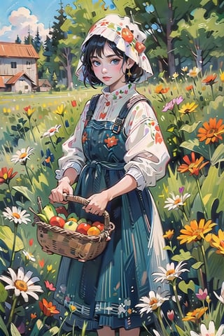 A medieval girl in traditional dress, vegetables and fruits, at a farmer's market, mysterious medieval, masterpiece,High detailed,CrclWc,Detail,watercolor,simplecats,polish dress