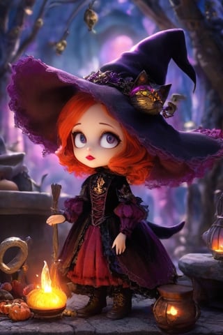 A witch. Digital painting, ultra-detailed, cinematic, masterpiece, beautiful and aesthetic, vibrant color, exquisite details and textures, Warm tone, ultra realistic illustration, (cute girl, 3year old:1.5), cute eyes, big eyes, (a sullen look:1.2), 16K, (HDR:1.4), high contrast, bokeh:1.2, lens flare, siena natural ratio, children's (1girl, whimsical cute young witch, full body shot, red lips, smokey makeup, ral-vltne, elaborate witch outfit, elaborate witch hat, dress of vibrant colors, golds, reds, purples, lace up victorian boots on her feet. cats, potions, cauldron, elaborate witch lair, unreal, mystical, luminous, surreal, high resolution, sharp details, in 8k resolution), ultra hd, realistic, vivid colors, highly detailed, UHD drawing, perfect composition, beautiful detailed intricate insanely detailed octane render trending on artstation, 8k artistic photography, photorealistic concept art, soft natural volumetric cinematic perfect light, .chibi,Xxmix_Catecat,Tim Burton Style