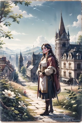 A girl in traditional dress, town square, carioles, mysterious medieval, masterpiece,oil painting,CrclWc,ragnarokhiwiz
